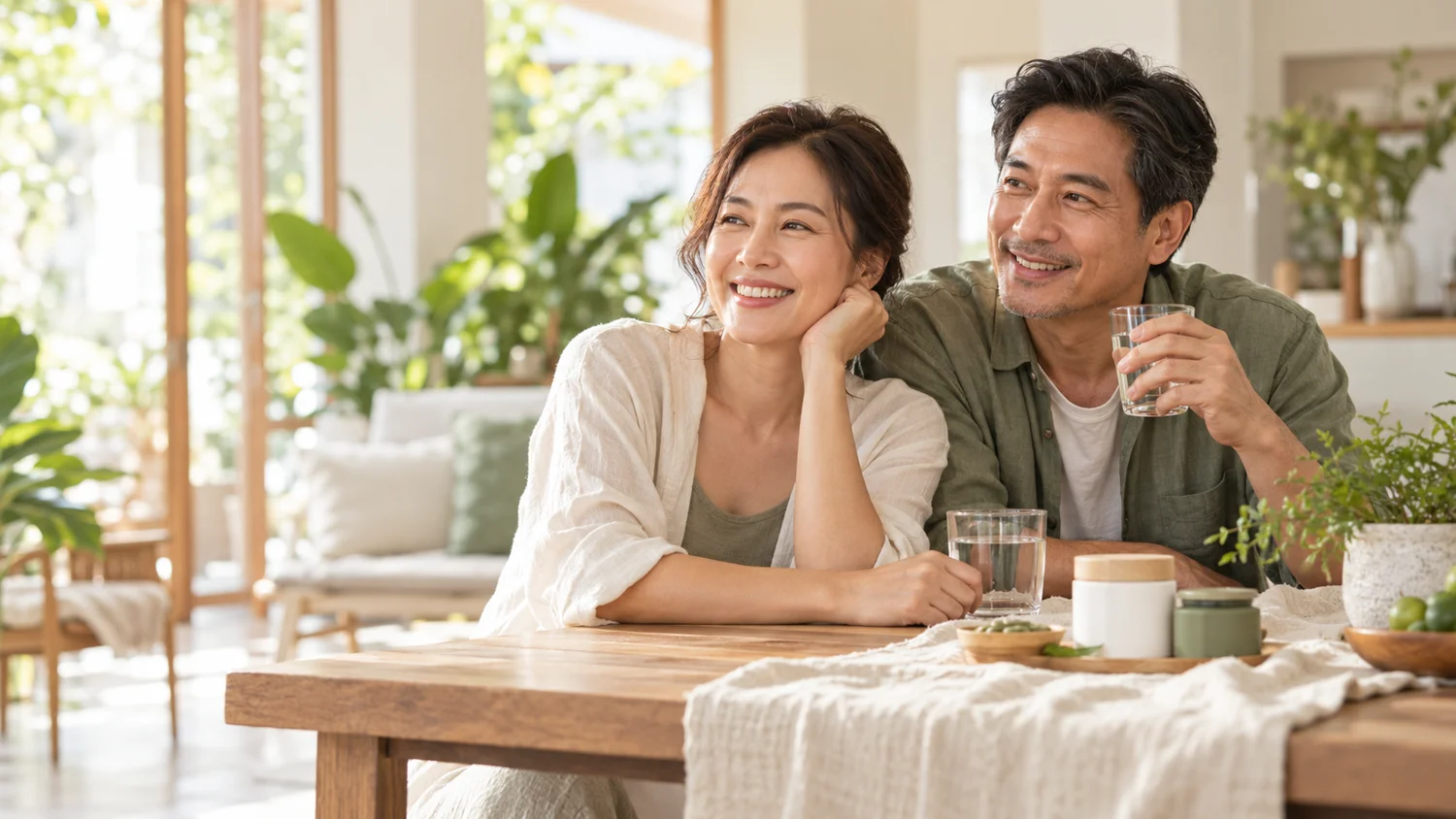 คู่ผู้ใหญ่ชาวไทยใช้เวลายามเช้าอย่างมีความสุขในบ้านที่อบอุ่น